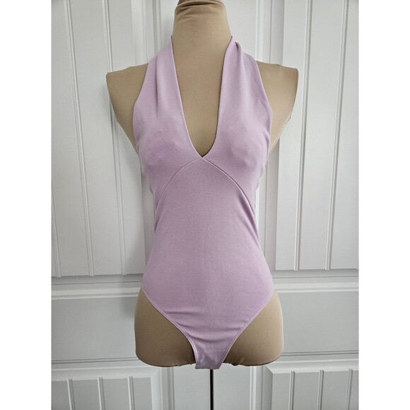 Zara Lavender Halter Bodysuit Size S Convertable Cotton Deep V Stretch NWT - Picture 2 of 9